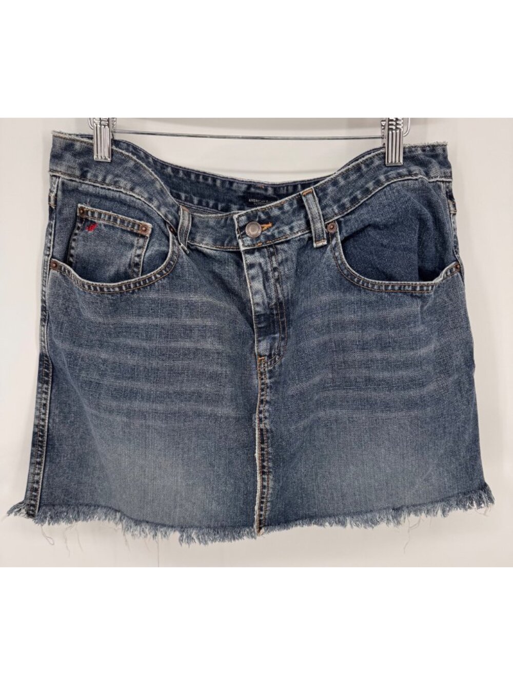 American Eagle Outfitters Blue Distressed Denim Mini Skirt Frayed Hem Size 12